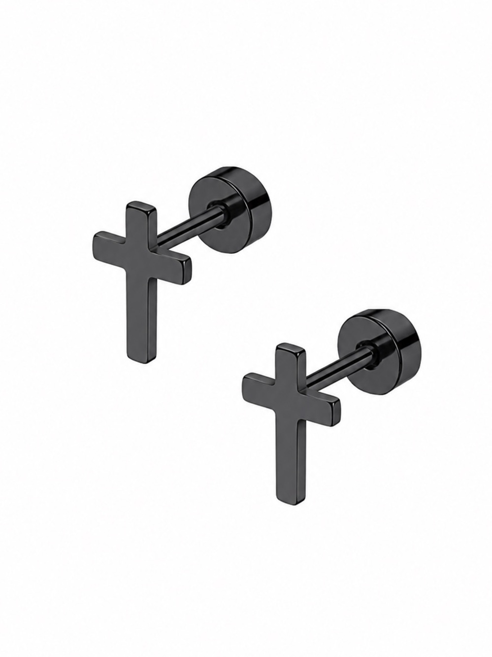 Tiny Black Cross Flat Back Stud Earrings 20G Stainless Steel